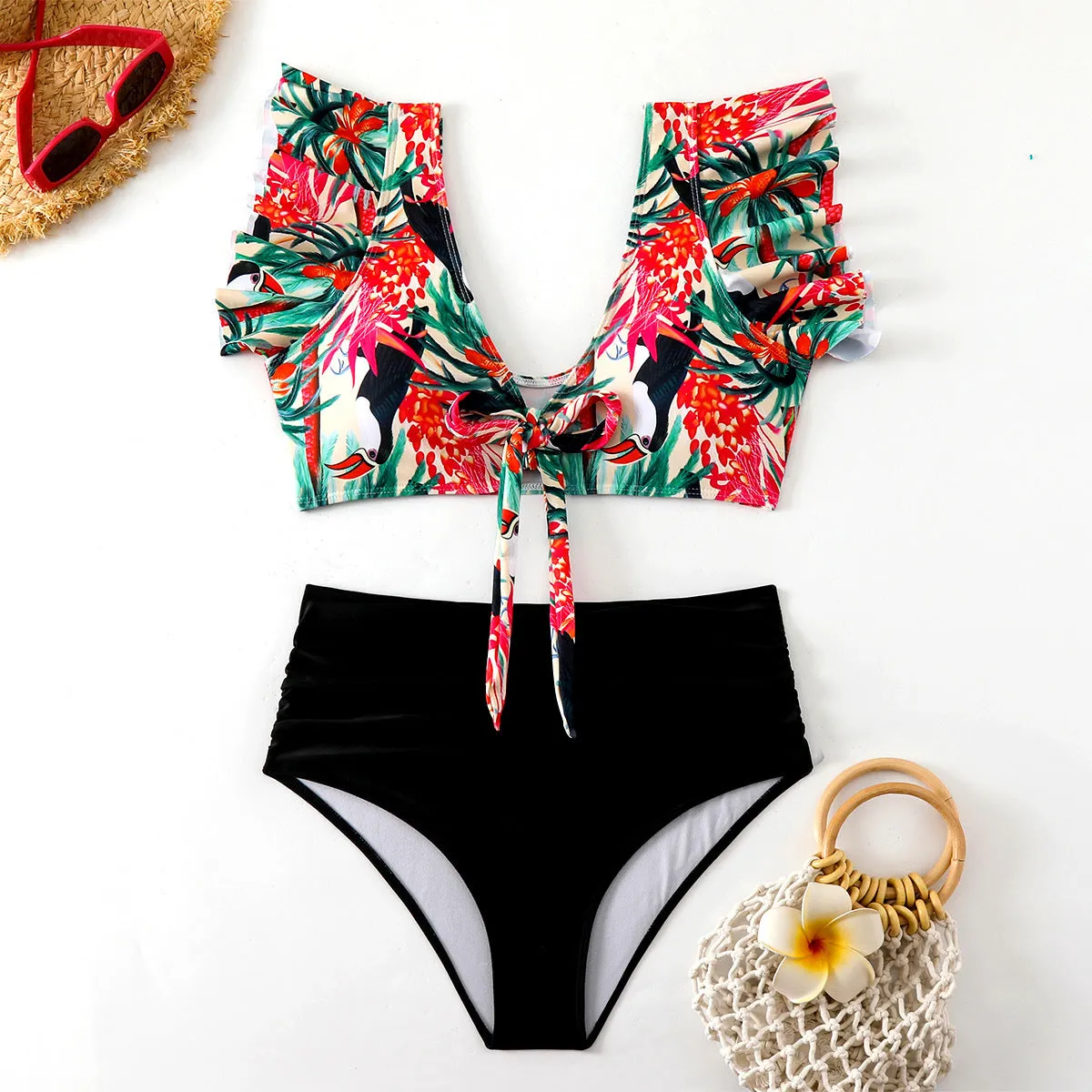 Flounced split high waist one-piece swimsuit for women in polyester, sleeveless, available in multiple colours