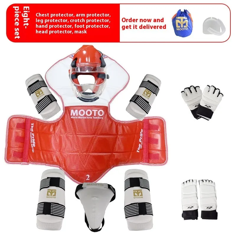 Taekwondo protective gear complete set with thickened padding, red and blue options, sizes 110-190cm