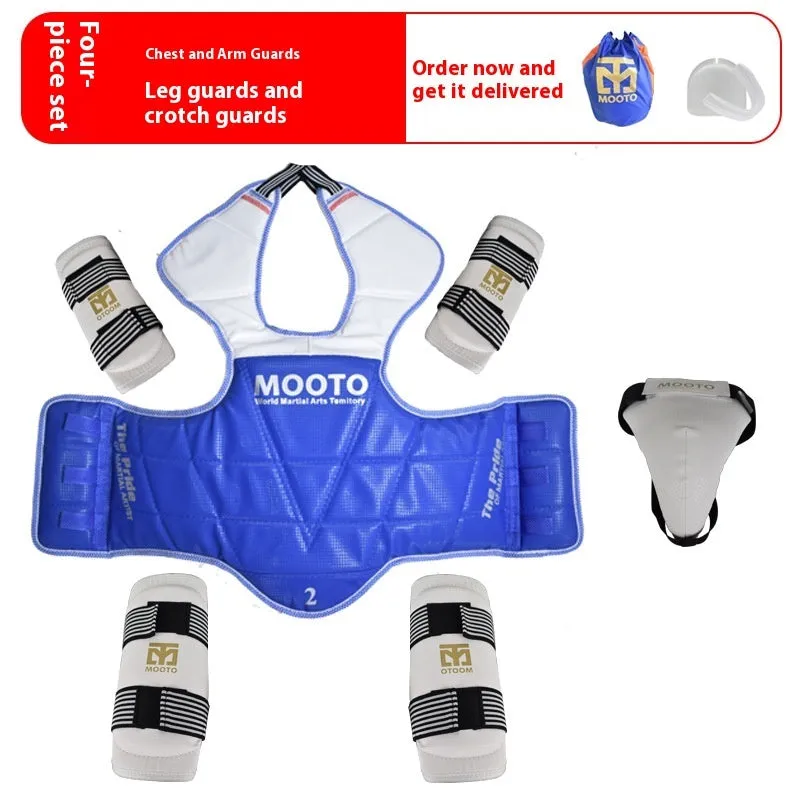 Taekwondo protective gear complete set with thickened padding, red and blue options, sizes 110-190cm