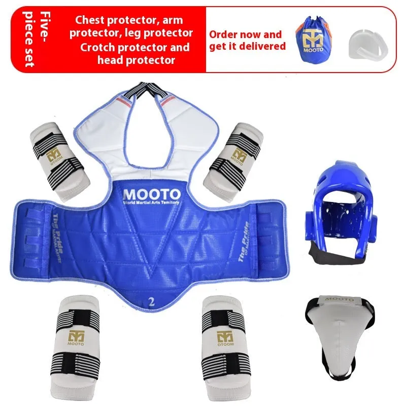 Taekwondo protective gear complete set with thickened padding, red and blue options, sizes 110-190cm