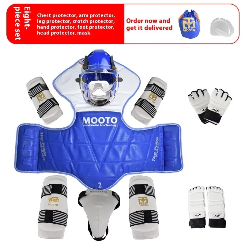 Taekwondo protective gear complete set with thickened padding, red and blue options, sizes 110-190cm