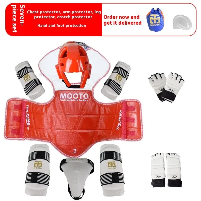 Taekwondo protective gear complete set with thickened padding, red and blue options, sizes 110-190cm