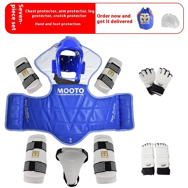 Taekwondo protective gear complete set with thickened padding, red and blue options, sizes 110-190cm