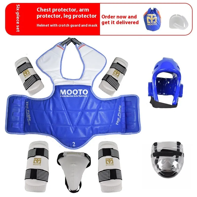 Taekwondo protective gear complete set with thickened padding, red and blue options, sizes 110-190cm