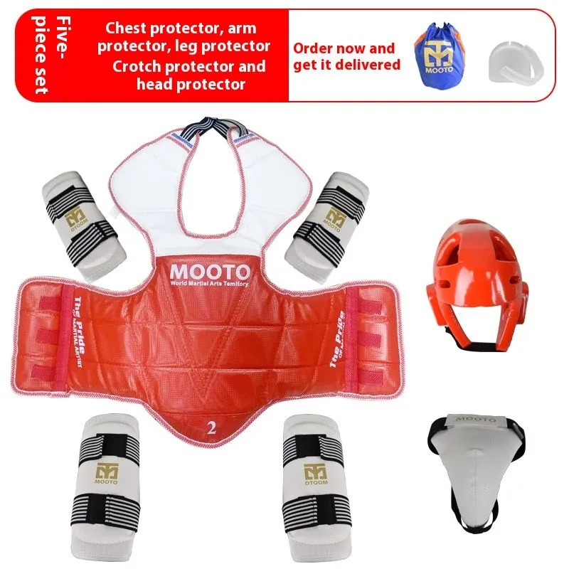 Taekwondo protective gear complete set with thickened padding, red and blue options, sizes 110-190cm