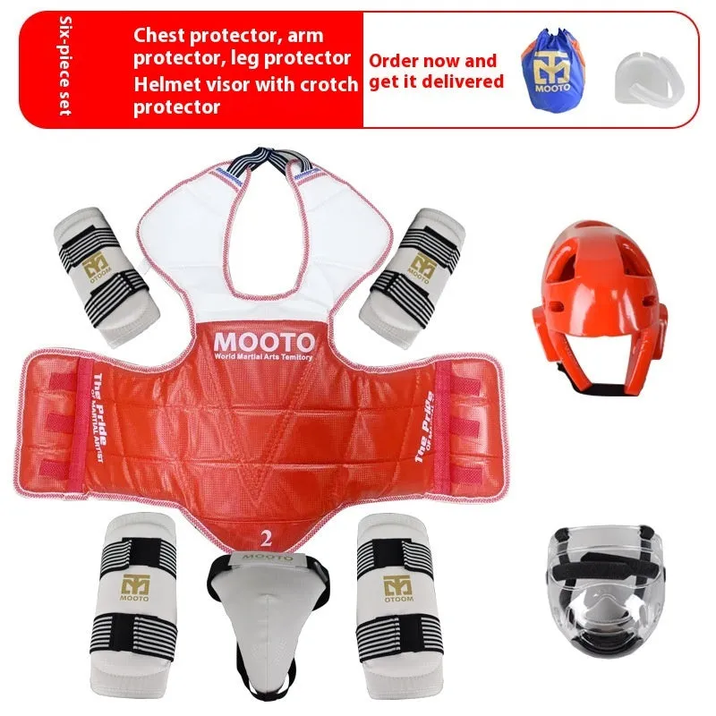 Taekwondo protective gear complete set with thickened padding, red and blue options, sizes 110-190cm