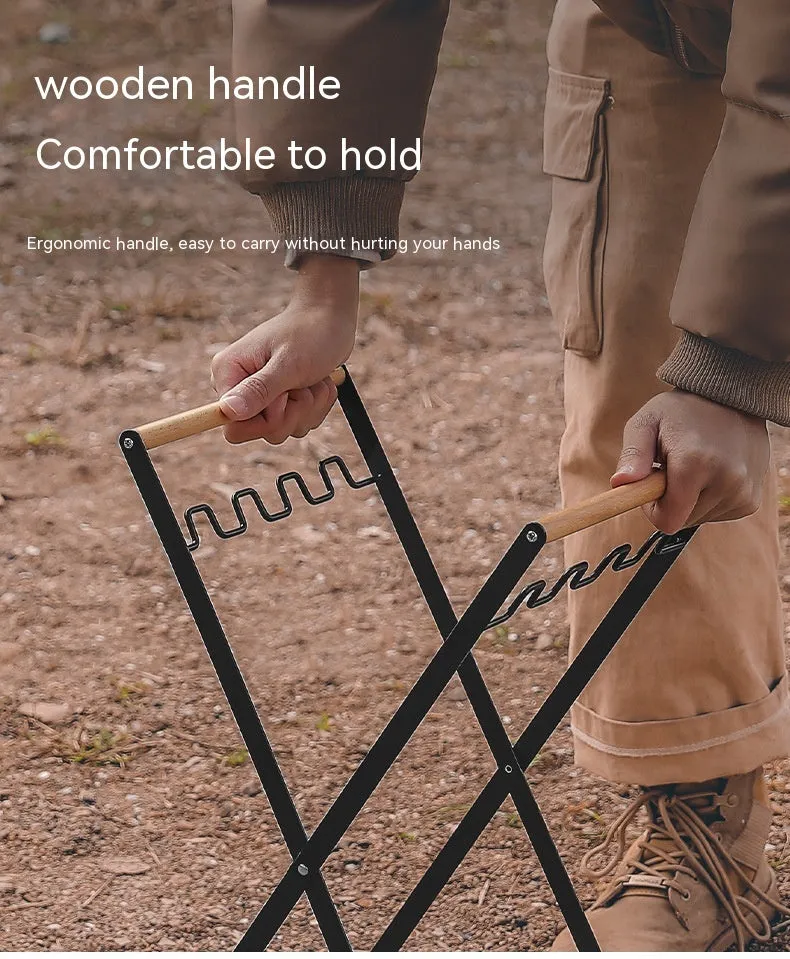 Foldable outdoor trash rack with wooden handle in black or white colour