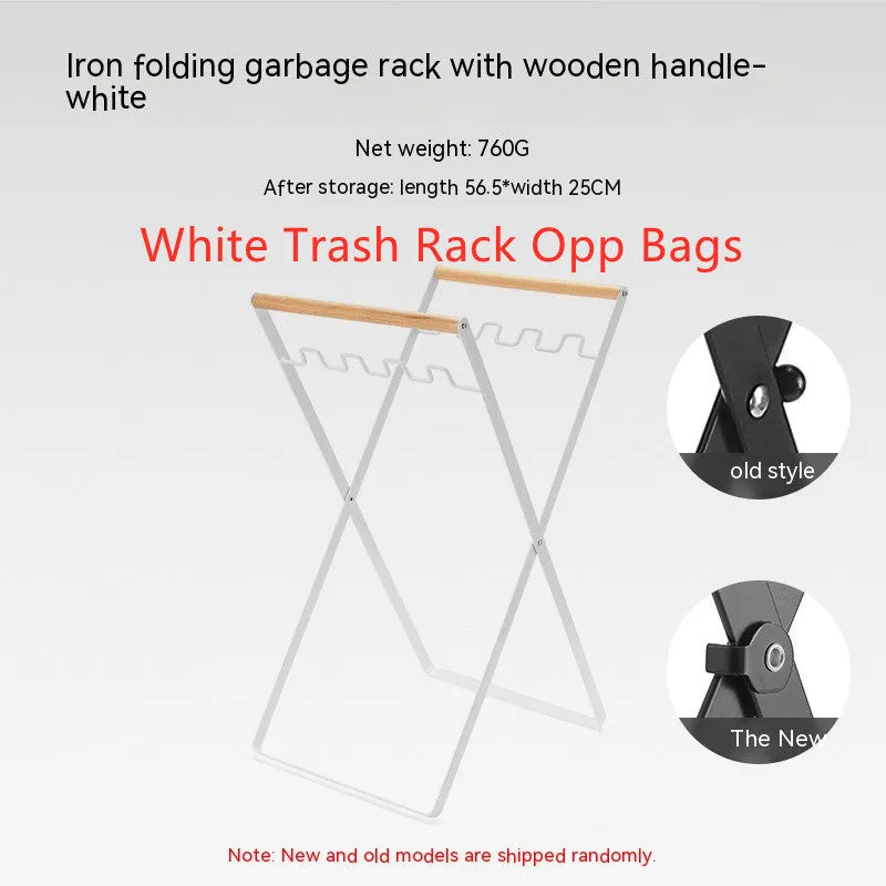 Foldable outdoor trash rack with wooden handle in black or white colour