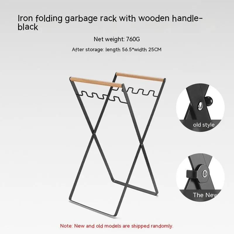 Foldable outdoor trash rack with wooden handle in black or white colour