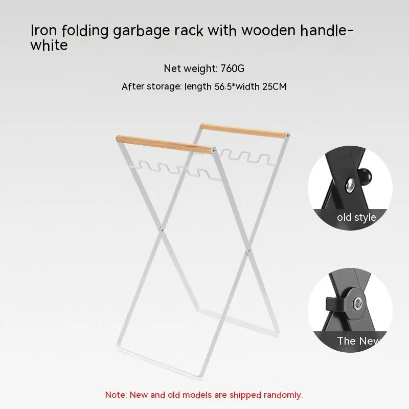 Foldable outdoor trash rack with wooden handle in black or white colour