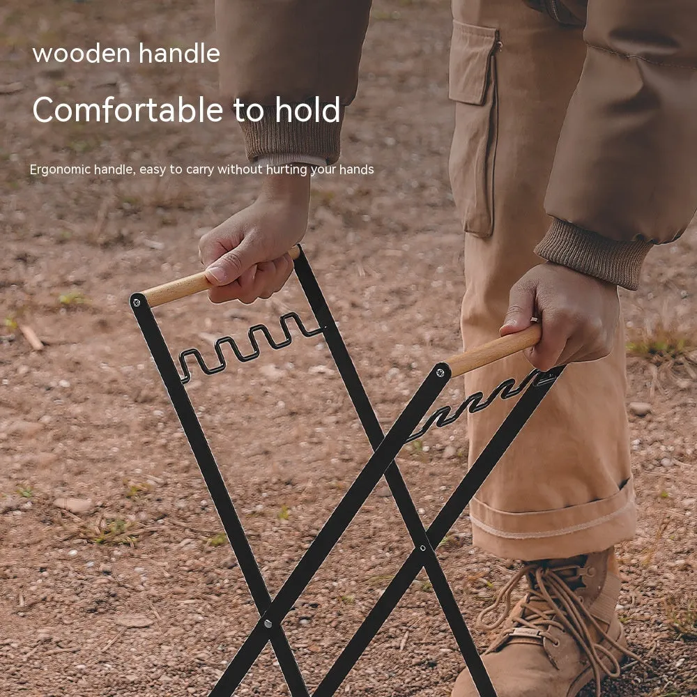 Foldable outdoor trash rack with wooden handle in black or white colour