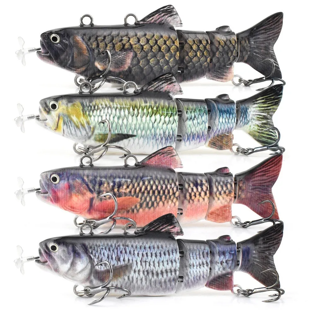 Set of iron link propeller electronic fishing baits in 90mm and 130mm sizes with multiple colour finishes