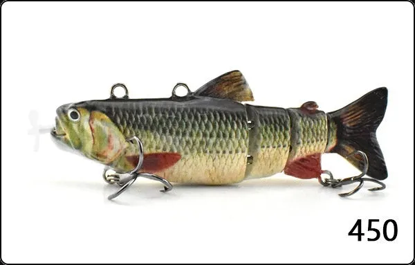 Set of iron link propeller electronic fishing baits in 90mm and 130mm sizes with multiple colour finishes