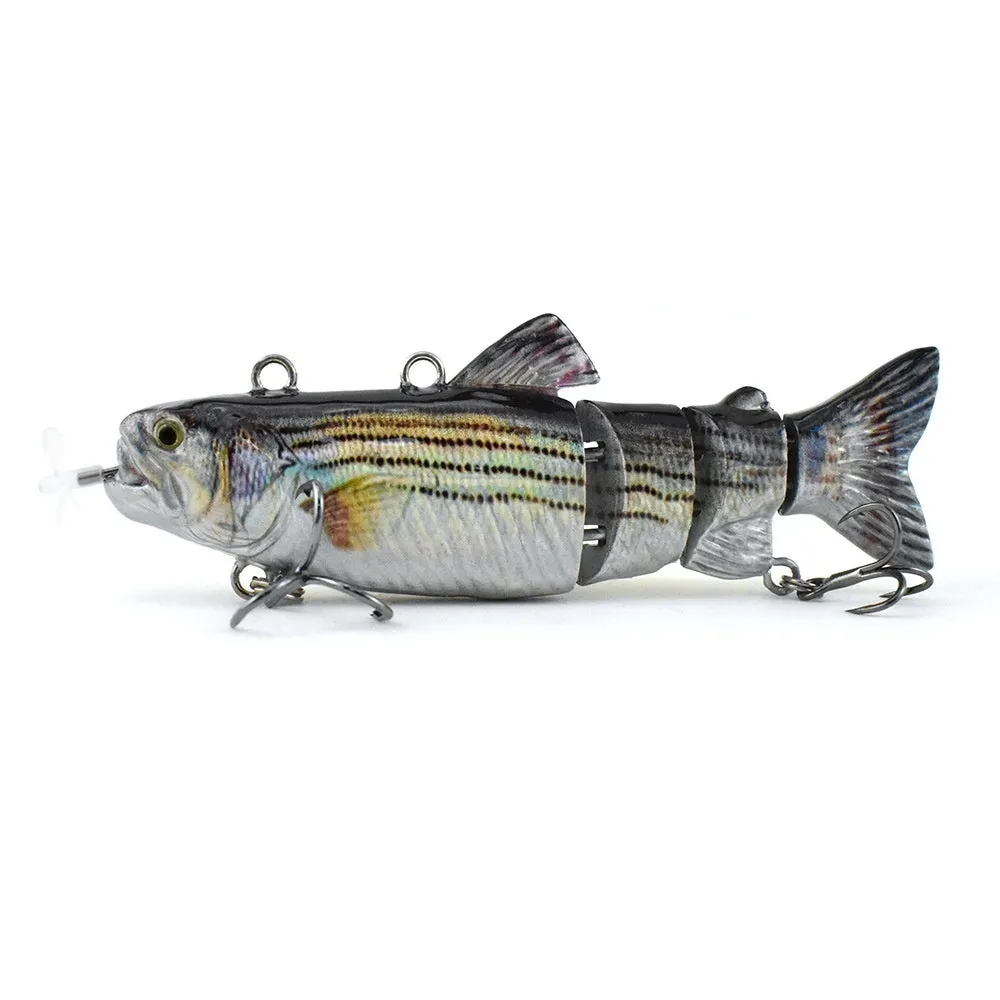 Set of iron link propeller electronic fishing baits in 90mm and 130mm sizes with multiple colour finishes