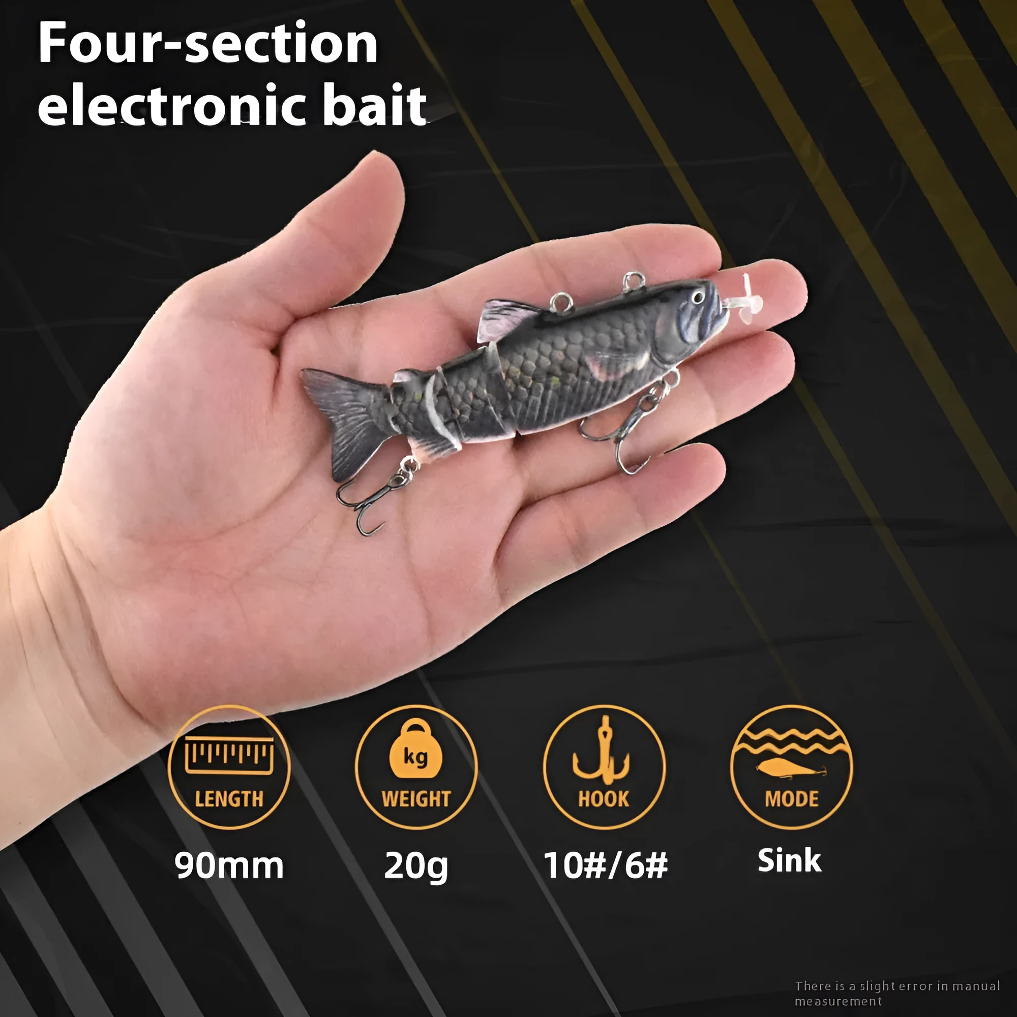 Set of iron link propeller electronic fishing baits in 90mm and 130mm sizes with multiple colour finishes