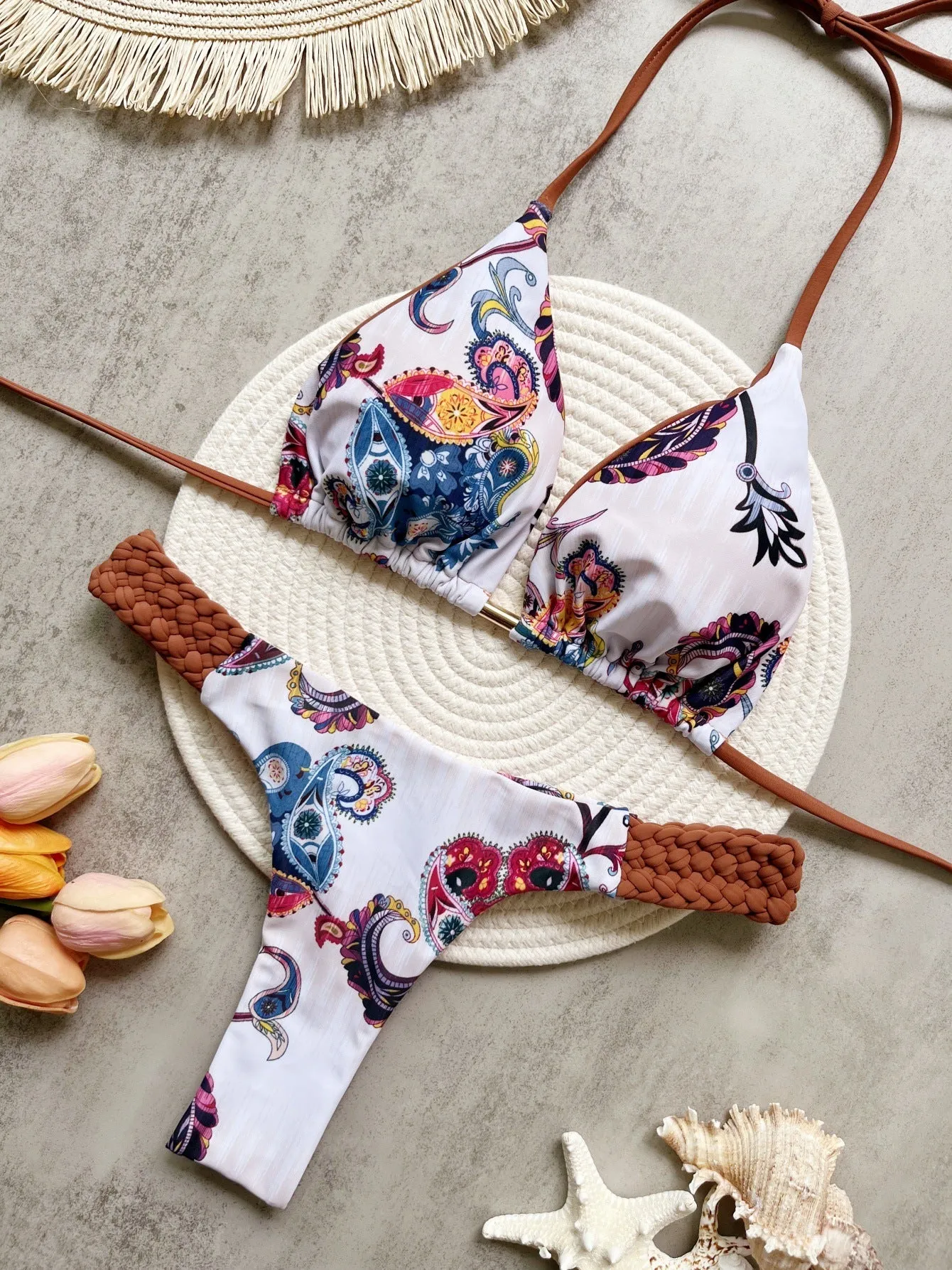 Braid rope print nylon bikini set for women in briefs style, available in multiple colours and sizes