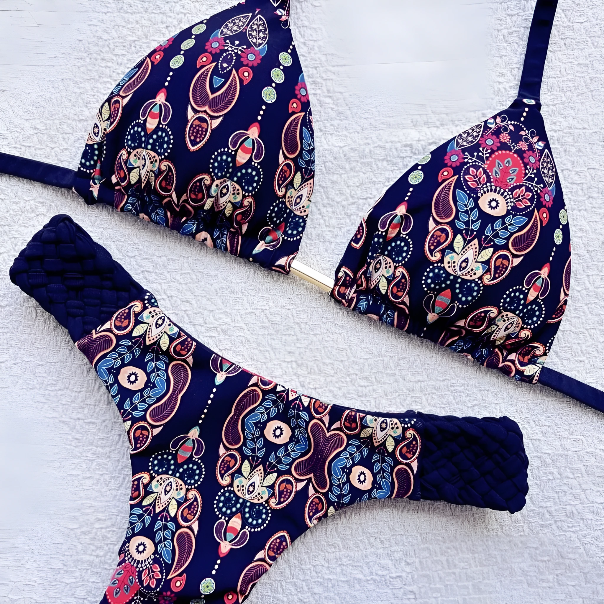 Braid rope print nylon bikini set for women in briefs style, available in multiple colours and sizes