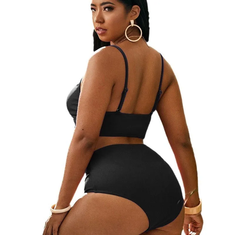 Plus size high waist split bikini swimsuit in solid colour black with spandex lining