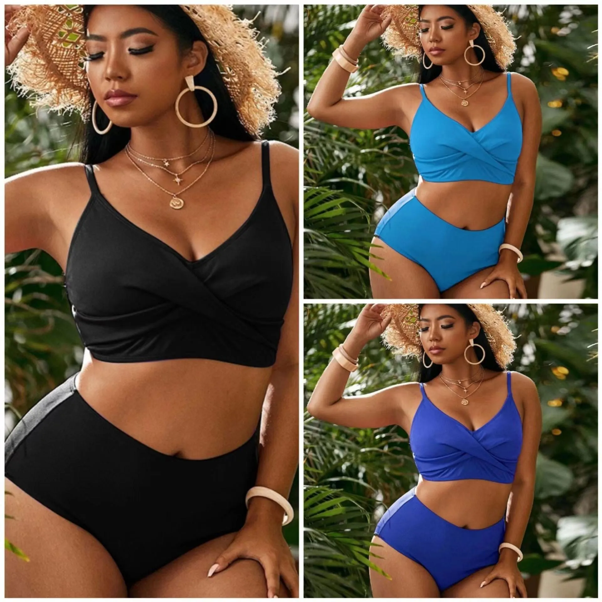 Plus size high waist split bikini swimsuit in solid colour black with spandex lining