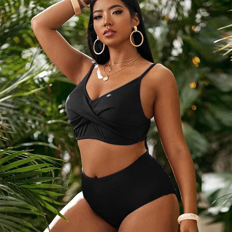 Plus size high waist split bikini swimsuit in solid colour black with spandex lining