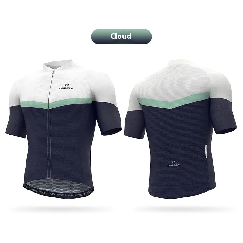 Short-sleeve cycling jersey top in polyester with moisture wicking for mountain and highway bike rides