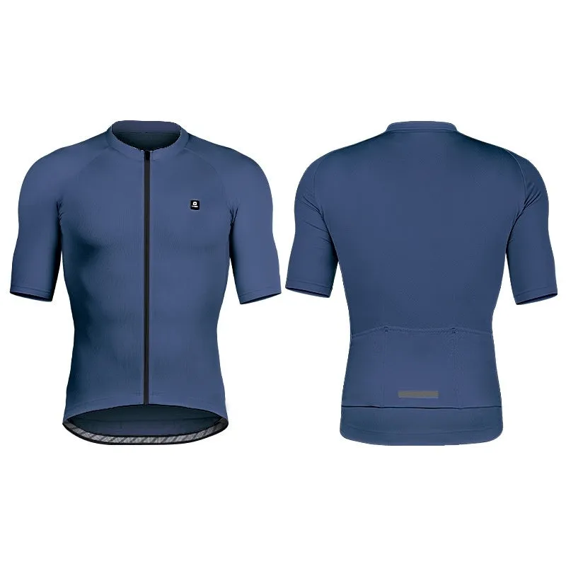 Short-sleeve cycling jersey top in polyester with moisture wicking for mountain and highway bike rides