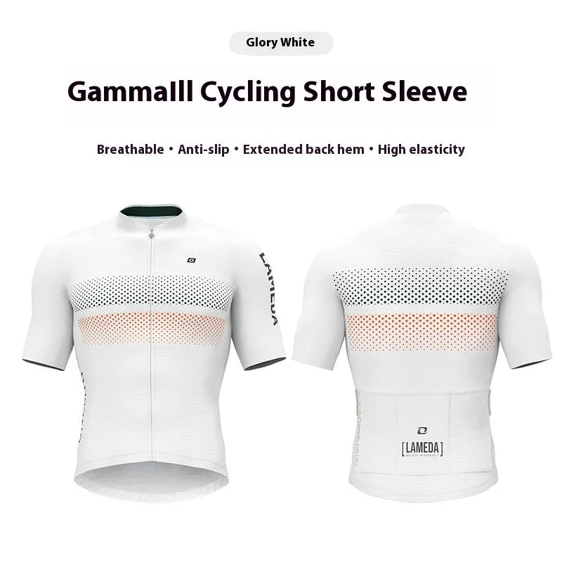 Short-sleeve cycling jersey top in polyester with moisture wicking for mountain and highway bike rides