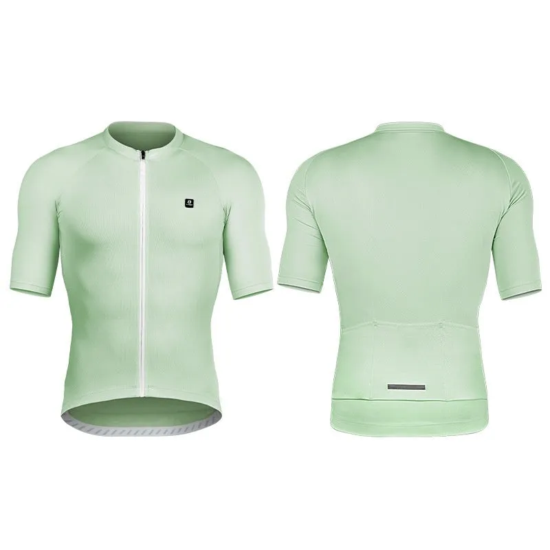 Short-sleeve cycling jersey top in polyester with moisture wicking for mountain and highway bike rides