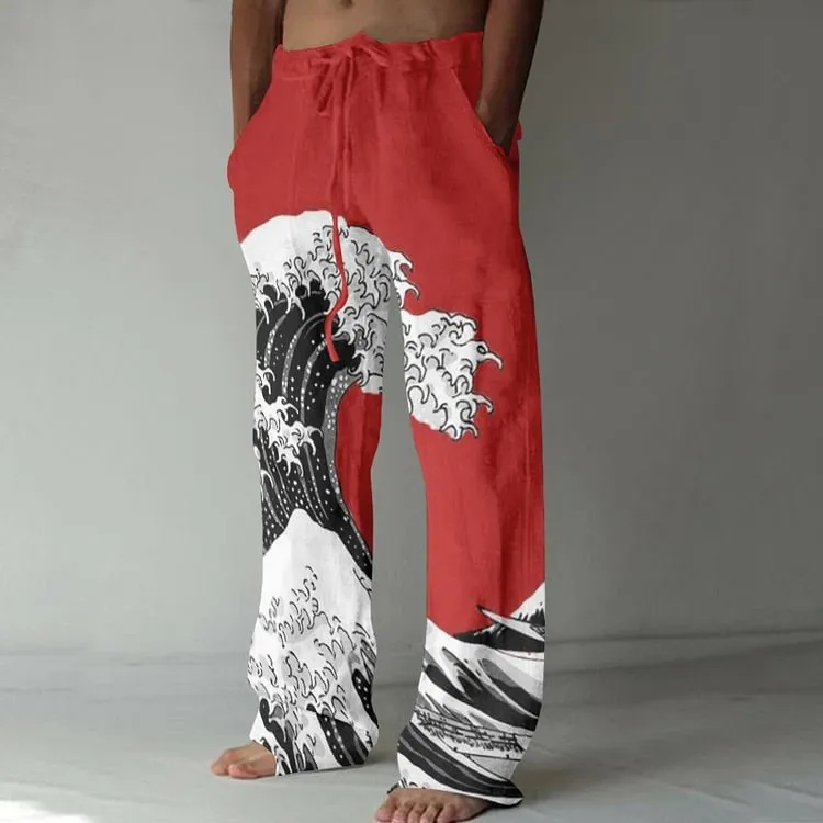 Plus size thin wide leg leisure men's trousers in mid waist straight leg style, polyester fabric, hot stamping craft, 8 colour options, size S to 4XL