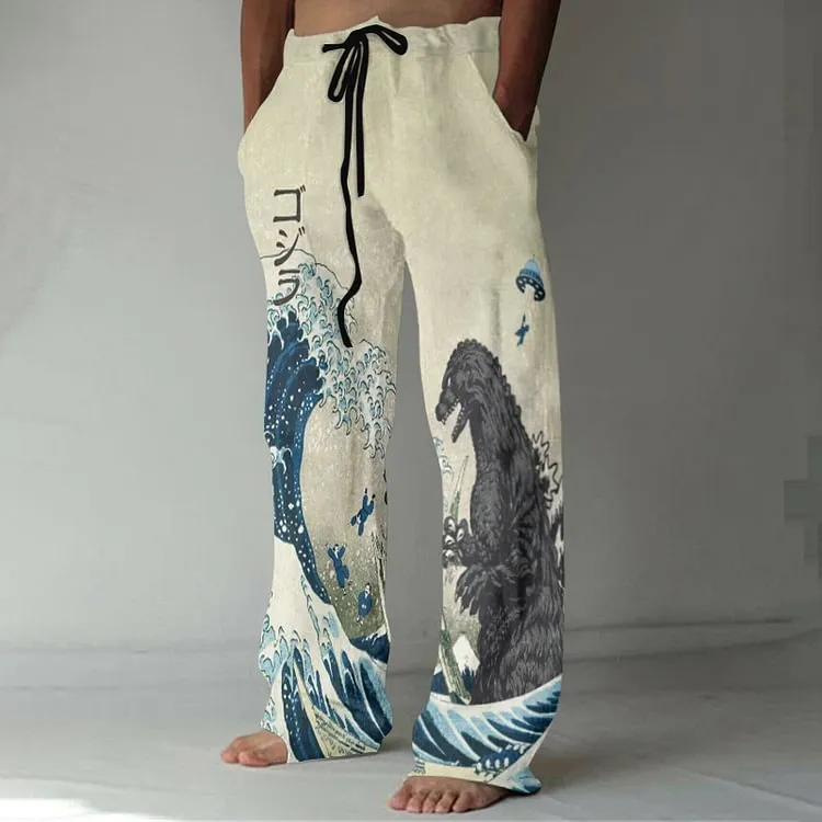 Plus size thin wide leg leisure men's trousers in mid waist straight leg style, polyester fabric, hot stamping craft, 8 colour options, size S to 4XL