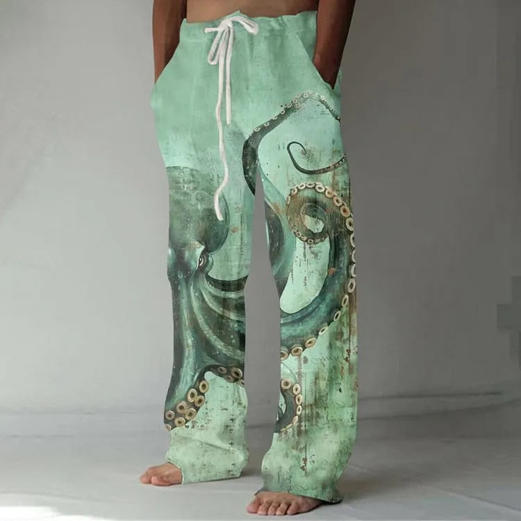 Plus size thin wide leg leisure men's trousers in mid waist straight leg style, polyester fabric, hot stamping craft, 8 colour options, size S to 4XL