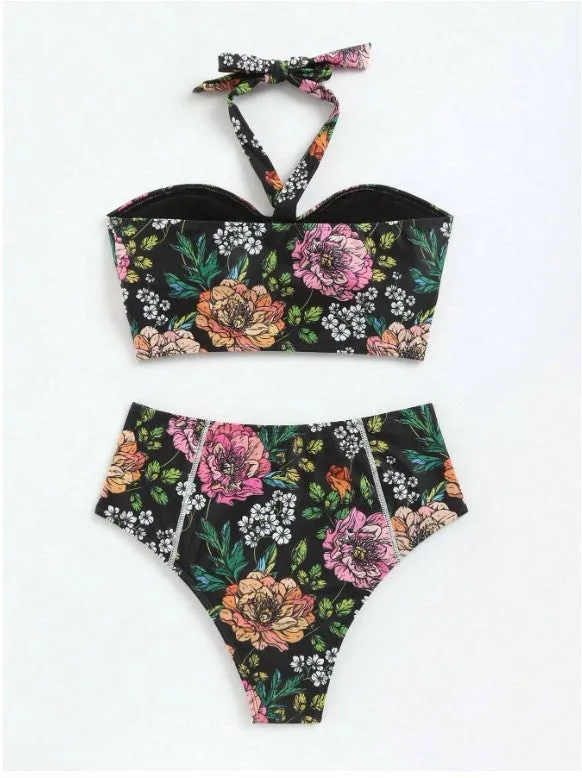 Women's printed black nylon bikini set with triangle top and brief bottom