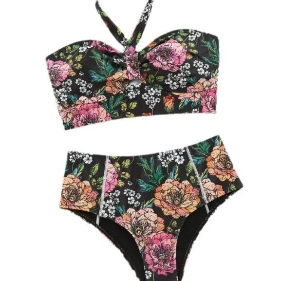 Women's printed black nylon bikini set with triangle top and brief bottom
