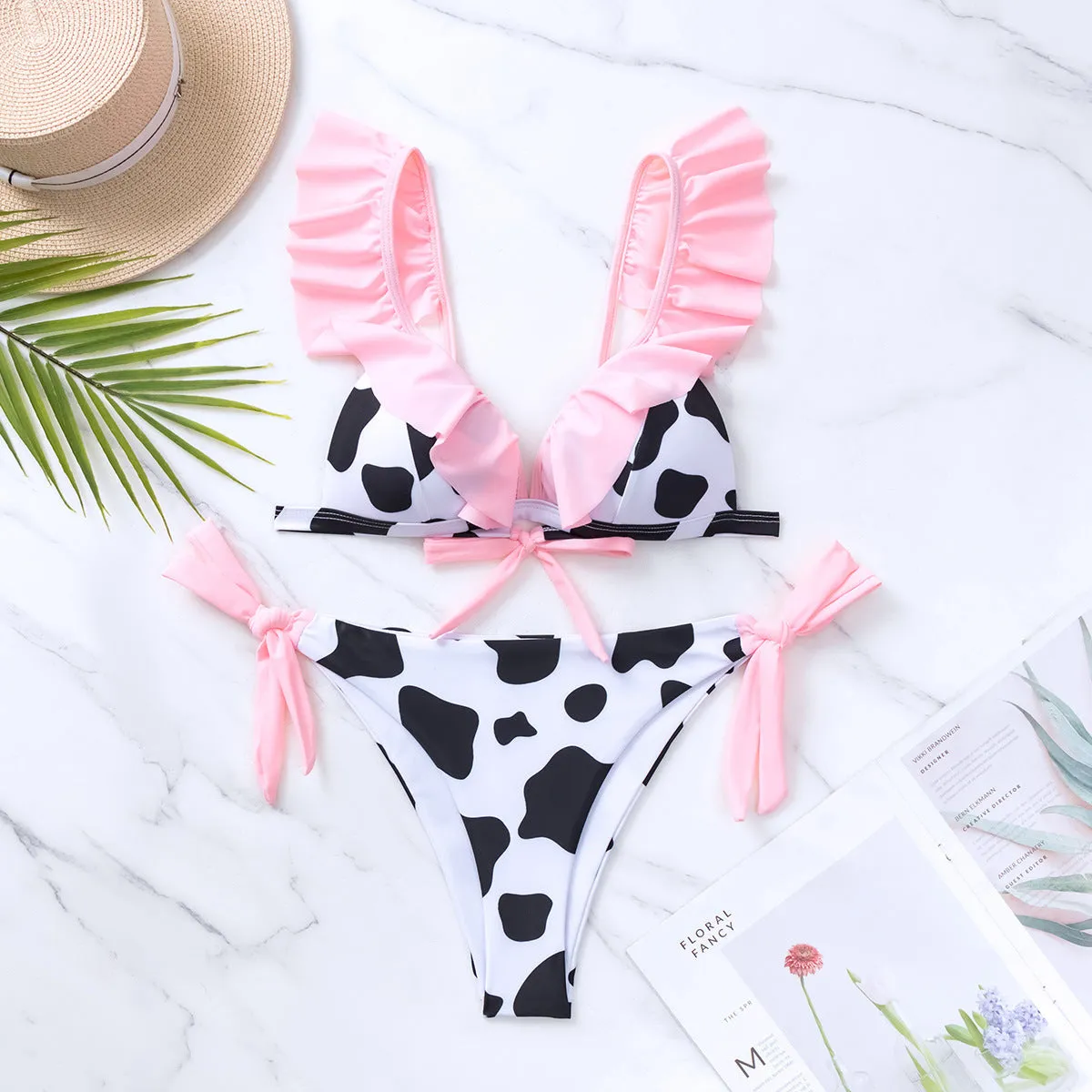 New printed hard cup lace-up bikini swimsuit for women in black JY250BK, polyester, sleeveless, sizes S M L