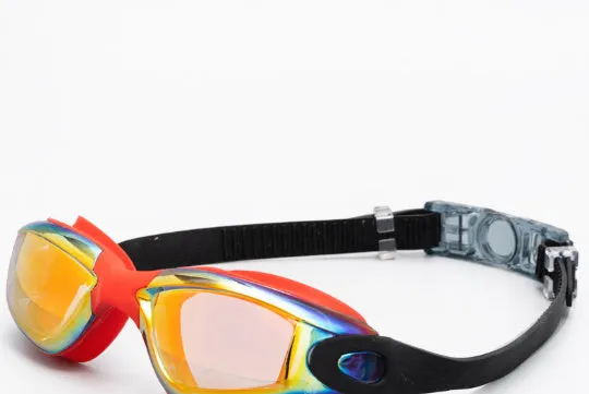 Swimming goggles with polycarbonate lenses and silicone earplugs in black silver plated finish