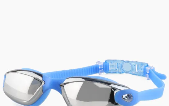 Swimming goggles with polycarbonate lenses and silicone earplugs in black silver plated finish