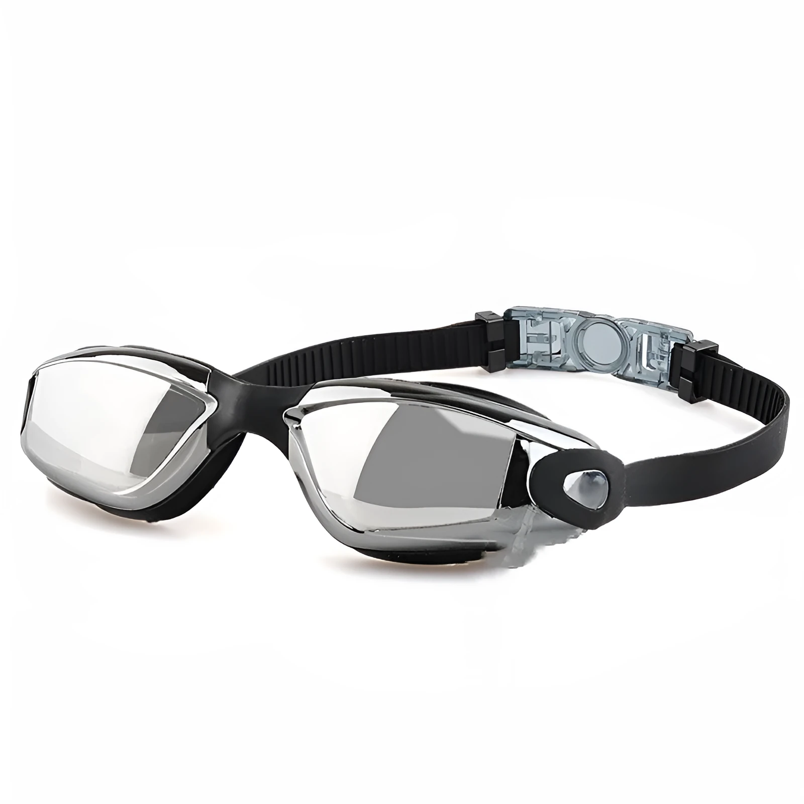 Swimming goggles with polycarbonate lenses and silicone earplugs in black silver plated finish