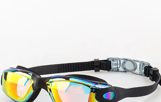 Swimming goggles with polycarbonate lenses and silicone earplugs in black silver plated finish