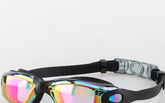 Swimming goggles with polycarbonate lenses and silicone earplugs in black silver plated finish
