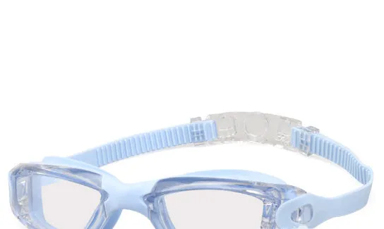 Swimming goggles with polycarbonate lenses and silicone earplugs in black silver plated finish