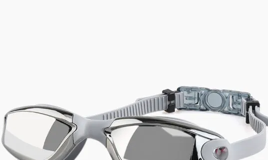 Swimming goggles with polycarbonate lenses and silicone earplugs in black silver plated finish