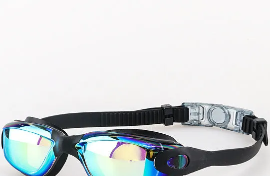 Swimming goggles with polycarbonate lenses and silicone earplugs in black silver plated finish