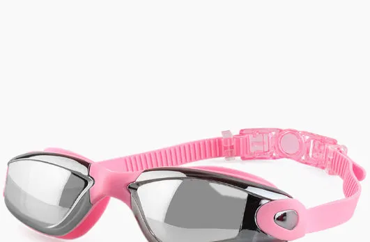 Swimming goggles with polycarbonate lenses and silicone earplugs in black silver plated finish