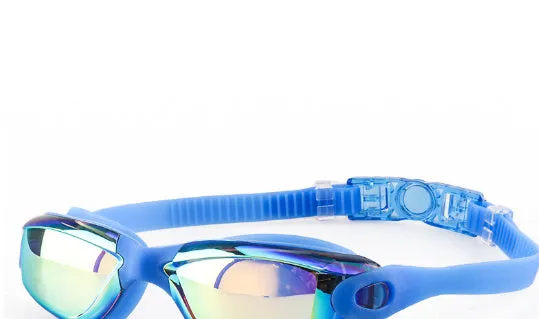 Swimming goggles with polycarbonate lenses and silicone earplugs in black silver plated finish