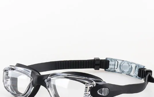 Swimming goggles with polycarbonate lenses and silicone earplugs in black silver plated finish