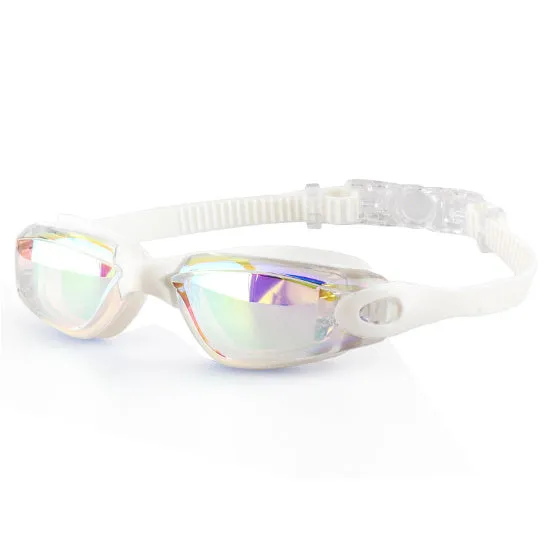 Swimming goggles with polycarbonate lenses and silicone earplugs in black silver plated finish