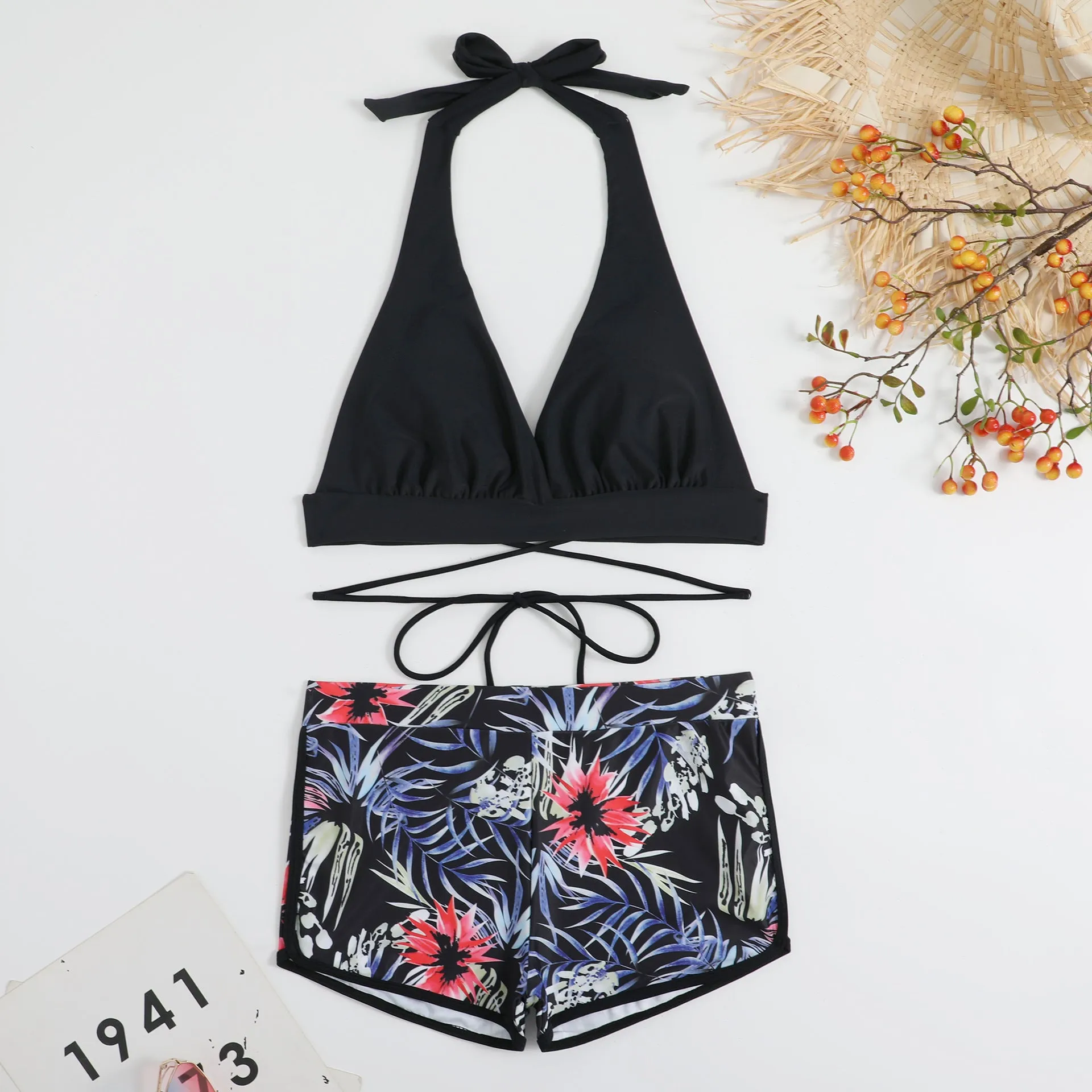 Lady high-waist split bikini in peacock green nylon for swimming, front view with polyester lining