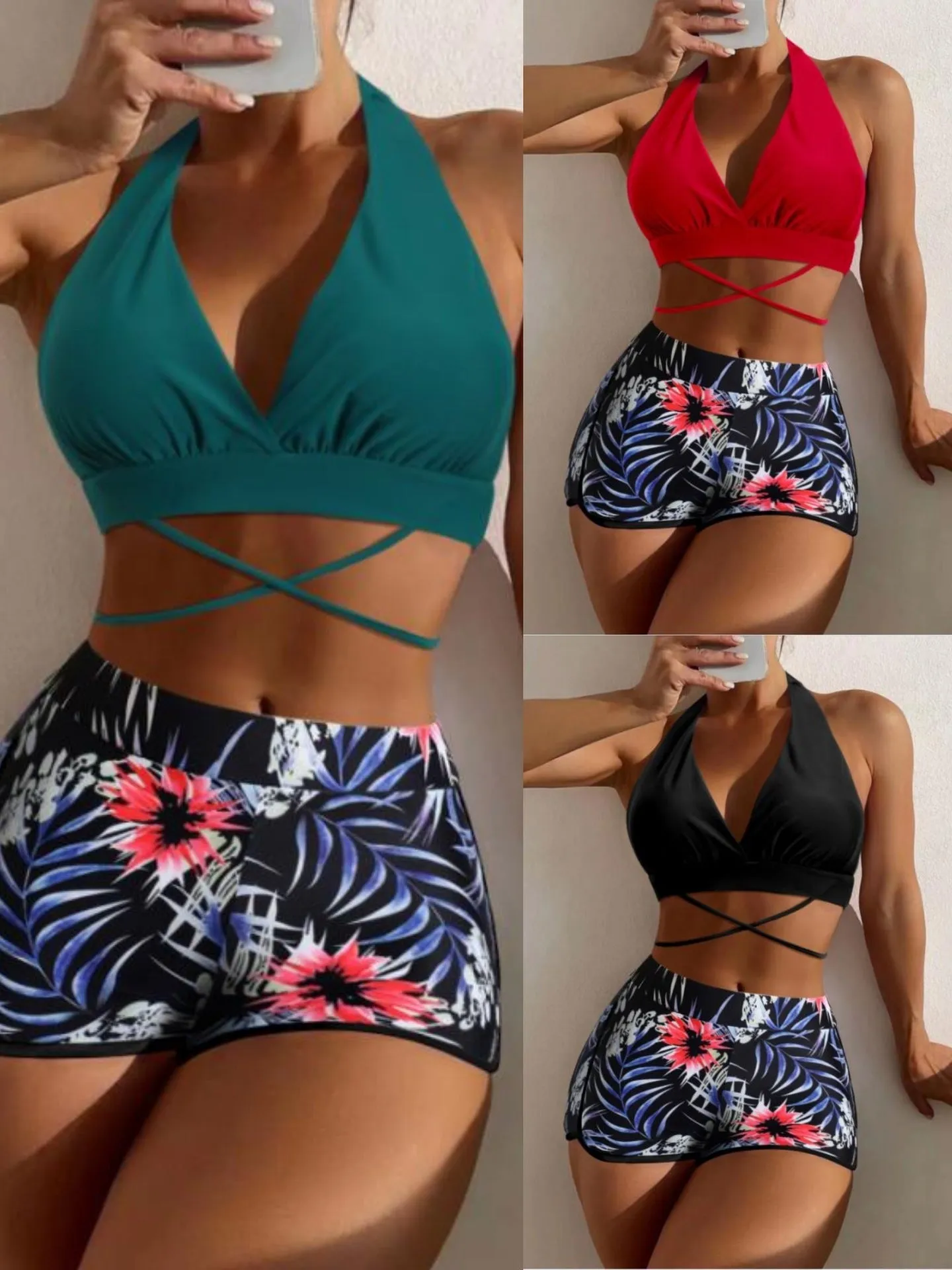 Lady high-waist split bikini in peacock green nylon for swimming, front view with polyester lining