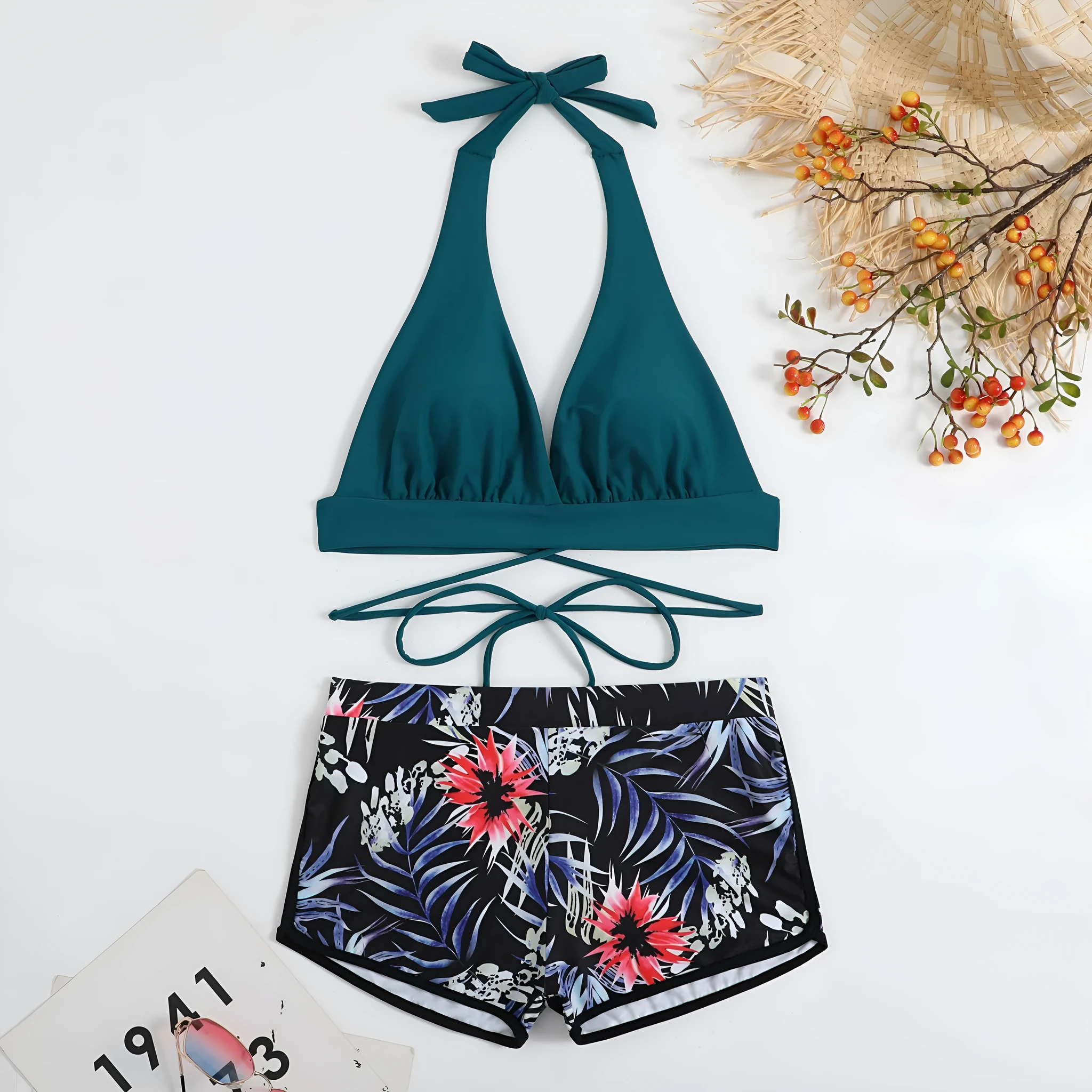 Lady high-waist split bikini in peacock green nylon for swimming, front view with polyester lining