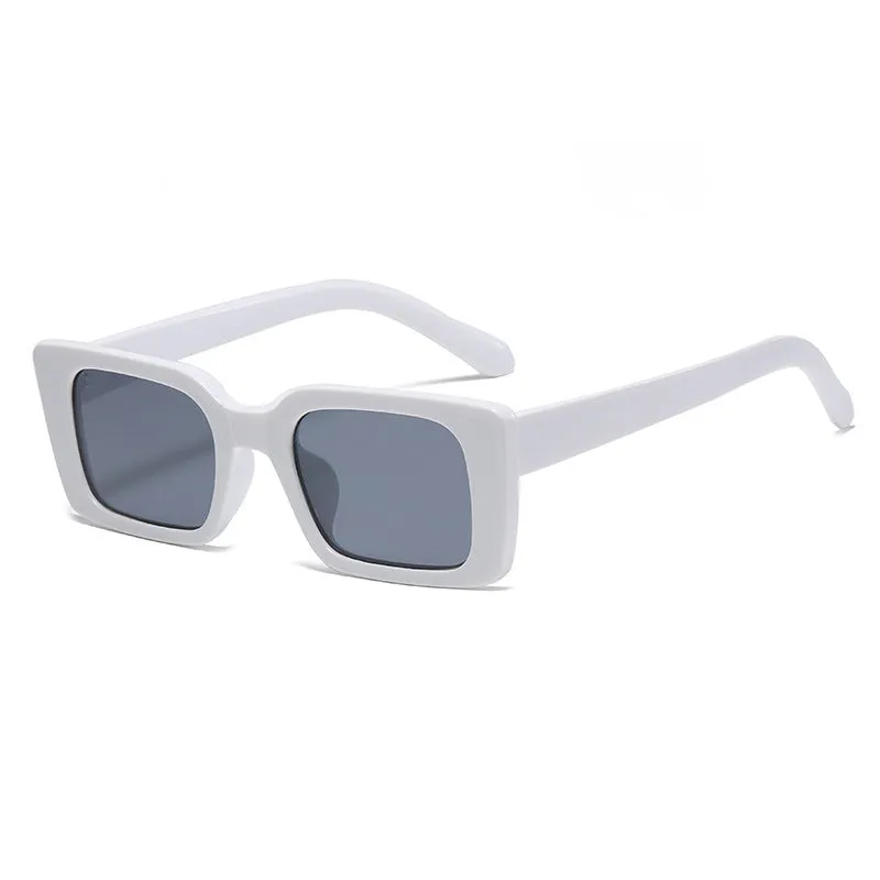 Square small frame sunglasses with PC lens, black frame and grey lens, simple flower design on bag
